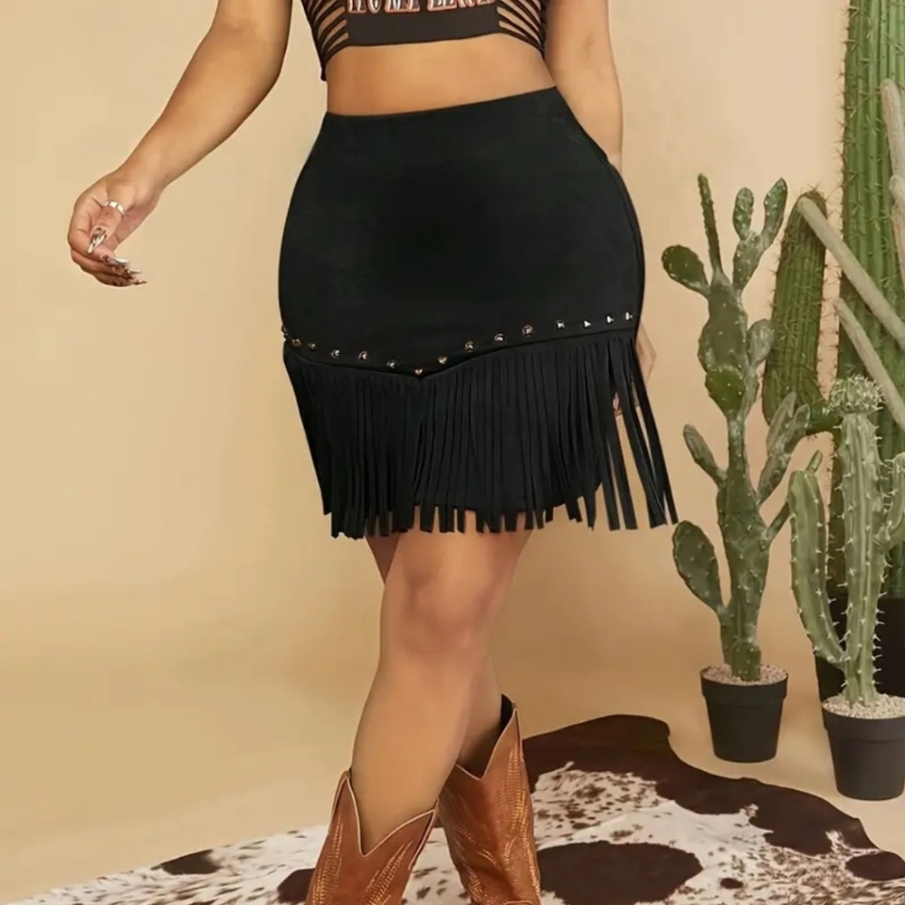 Stylish Studded Mini Skirt - Bodycon Fringe Hem Design,